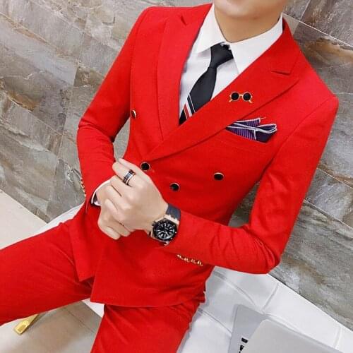 Jackets + Pants ) Solid Color Double Breasted Suit Groom Wedding Suits Men Dress Suit Dinner Party Prom Suit Formal Business