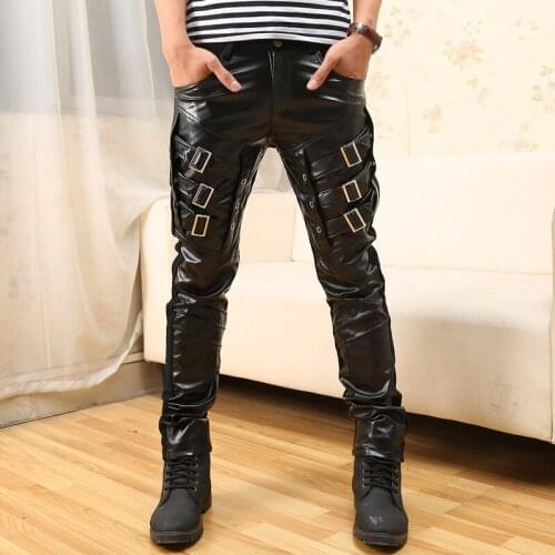 Mens PU Leather Pants New Autumn Trendy 2021 Male Motocycle Zipper Pleated Trouser Black Faux Leather Skinny Pant Man