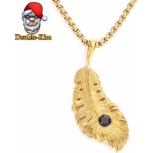 Gold Feather Pendant Necklace Men Hip-Hop Rock Street Culture Titanium Stainless Steel Chain Necklace Fashion Men Jewelry