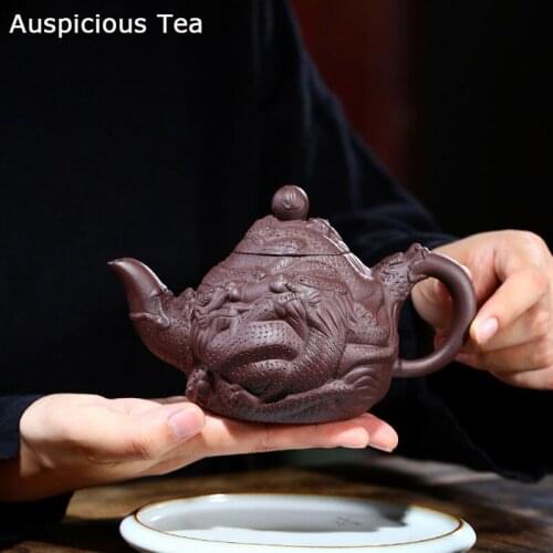 340ml Authentic Yixing Purple Clay Tea Pot Handmade Dragon Pattern Filter Teapots Raw Ore Purple Mud Kettle Zisha Teaware
