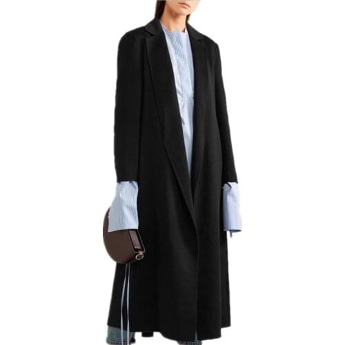 Autumn Winter belted Black Woolen Coat Women Long Sleeve Long Coats Fashion slim cashmere coat