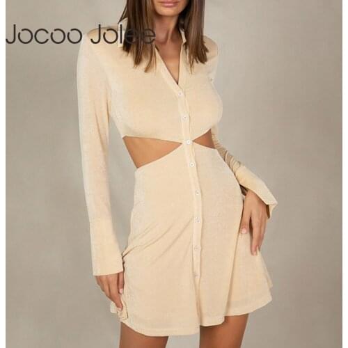 Autumn Elegant Polo Neck Button Mini Dress Y2K Sexy Hollow Out Long Sleeve A Line Dress Vintage Harajuku Dress Streetwear