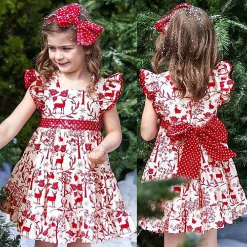 PUDCOCO Christmas Princess Kids Baby Girls XMAS Cartoon Deer Bowknot Pageant Party Gown Tutu Dress 6M-5Y