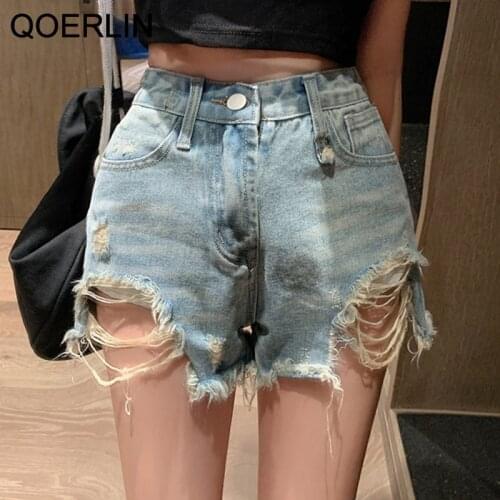 QOERLIN Vintage Ripped Jeans Shorts Women Summer High Waist Sexy Hot Shorts Micro Mini Beach Blue Denim Shorts Girls Plus Size