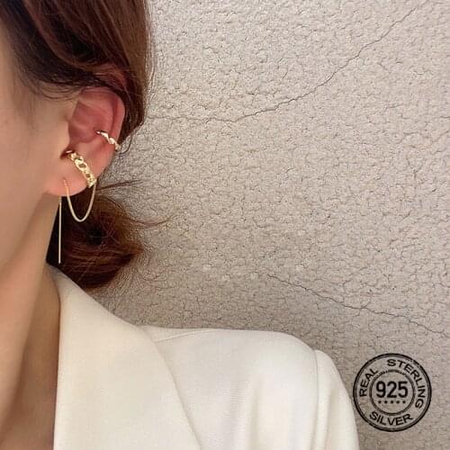 S925 Silver Earrings For Women Gold Tassel Chain Bone Clip Female Fashion Simple Design Retro Lady Party Gift Wedding Jewelry