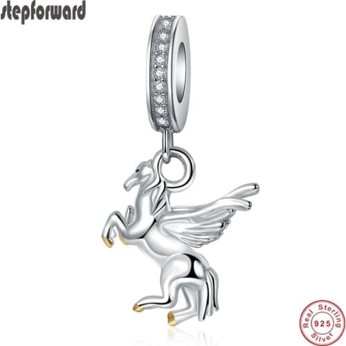 STEP FORWARD Pegasus Charm 100% 925 Sterling Silver Charm Fit Bracelet Bangle Necklace CZ Paved Pendants For Women Holiday Gift