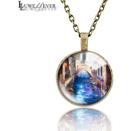 Street Necklace 662 25mm Bronze 30mm Wood Rhinestone Double-sided Moon Round Glass Pendant For Women Gift