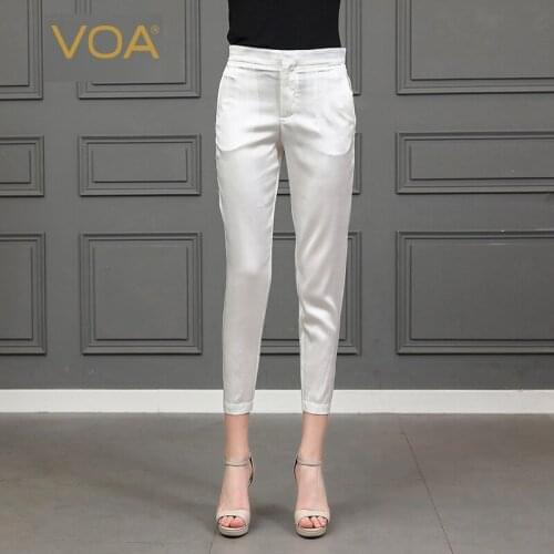 VOA Satin Gloss Silk 19mm Middle Waist Long Rise Feet Solid Wild Capri-Pants Sparkling Style Stretch K2535