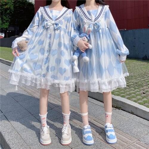 Japanese Sweet Lolita Soft Girl Women Dress Kawaii Sailor Collar Ruffles Full Sleeve Cute Bow Lace Dresses Girlfriend Outfit