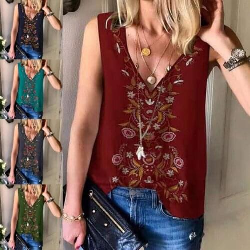 New 2021 Summer Women Fashion Ethnic Print V-neck Vest Sleeveless Casual Tops Ladies Chiffon Tank Tops T-Shirts S-5XL