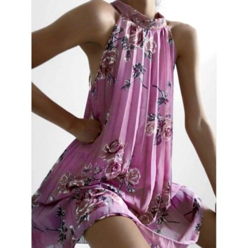 Summer New Fashion Dress Floral Print Sexy Sleeveless Backless Womens Retro Pleated Chiffon Dress платье летнее женское2021