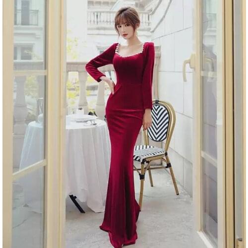 Burgundy Vintage Evening Dress Full Sleeve Zipper Back Square Collar Floor-length Mermaid Plus size Women Formal Party Gown C803