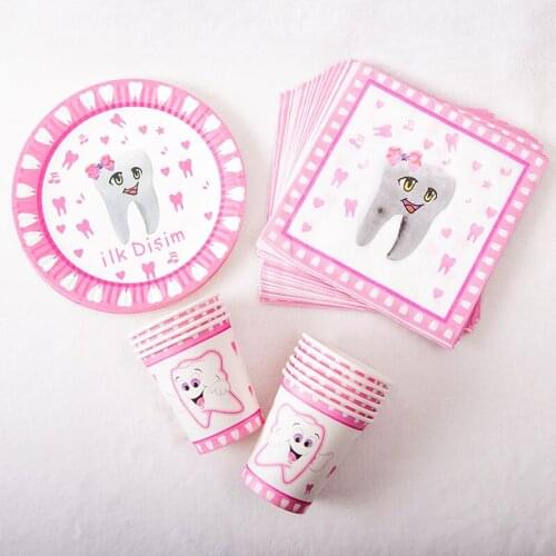 Tooth Theme Tableware Paper Cup Plate Banner Cake Stand Napkin Girls Pink First Birthday Party Decoration Supplies