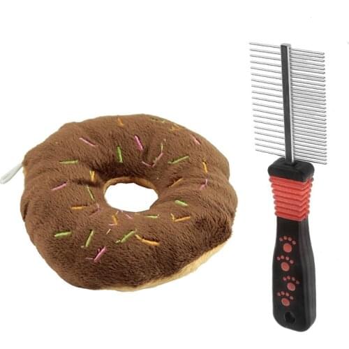 2 Pcs Pet Accessories: 1 Pcs Pet Dog Animal Sound Toy Cotton Wool Donut & 1 Pcs Metal Handle Double Side Teeth Comb
