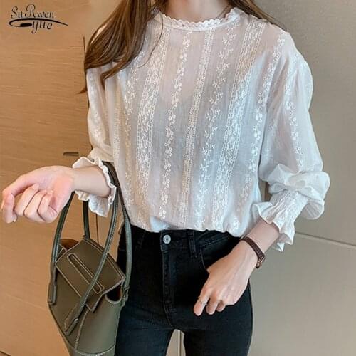 2021 Embroidery Blouse Women Lace Shirt Spring Long Sleeve Blouse Blusas Mujer De Moda Women Linen Cotton Girls Blouse 6874