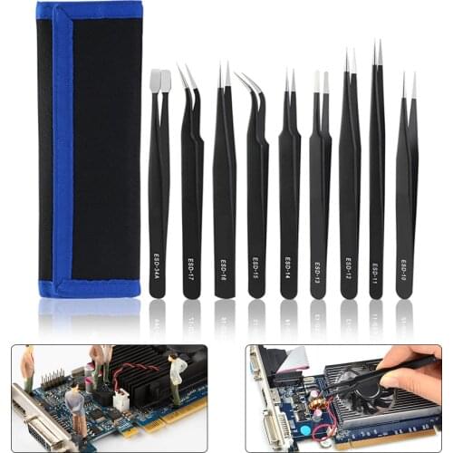 9 PCS ESD Tweezers Set Stainless Steel Anti-static Precision Curved Straight Tweezers for Watch Mobile Phone Repair Tools