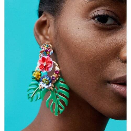 Exaggerated Big Monstera Pattern Drop Earrings for Female Shiny Rhinestone Flower Beads Party Ear Accessories ET295