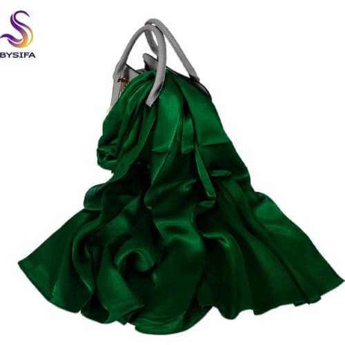 [BYSIFA] Pure Silk Green Silk Scarf Shawl Women Fashion Luxury Georgette Silk Long Scarves Ladies Brand Head Scarf Cape180*70cm