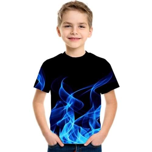 Hot Summer New Boy Round Neck Short Sleeve T-shirt Turquoise Red Purple Flame 3D Printed Childrens Leisure T-shirt Girl Tops