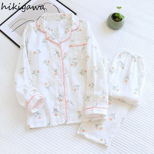 Hikigawa Korean Pijamas for Women Home Service Set Sleepwear Floral Print Pajamas Sweet 2 Piece Sets Pantsuit Pyjama Pour Femme