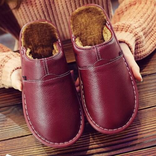 Leather Home Slippers for Men Winter Warm Plush Slippers Bedroom Genuine Leather Unisex House comfortable Indoor Shoes