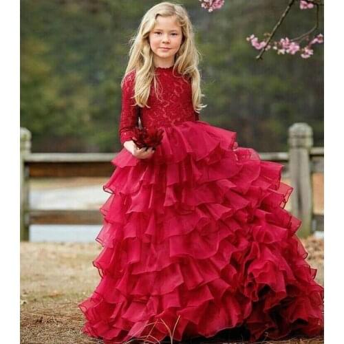 Red Tiered Flower Girls Dresses For Weddings Jewel Neck Tulle Tiered Ruffles Puffy Birthday Children Girl Pageant Gowns