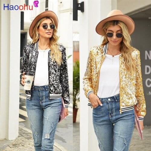 HAOOHU Women Sequin Jackets Glitter Long Sleeve Coats Elegant Spring Outwear Office Ladies Solid Streetwear
