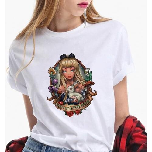 Fashion Women T Shirts Alice In Wonderland Disney Cartoon Print Harajuku Tshirts Girls Ladies Casual White O-neck Tee Shirts