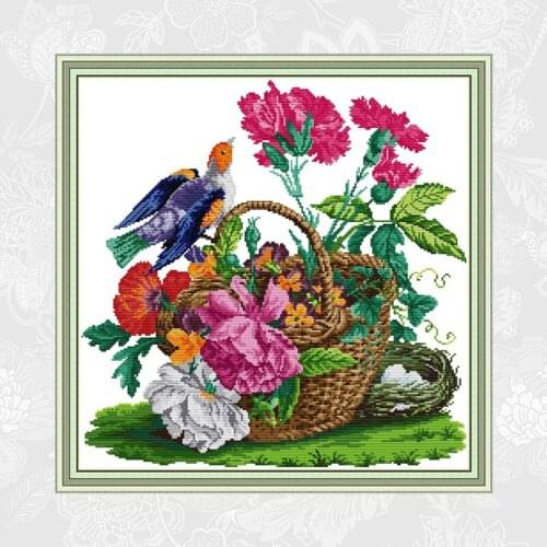 Birdie and flower basket Cross Stitch kits, DIY Handmade Cross-stitch Crafts, Animal Printed Fabric Embroidery Needlework Sets