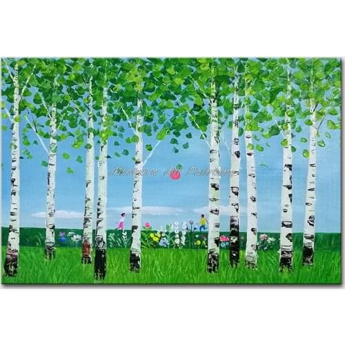 Mintura Wall Picture for Living Room Oil Paintings on Canvas Hand Painted Green Grass and Birch Forest Hotel Decor Art No Frame