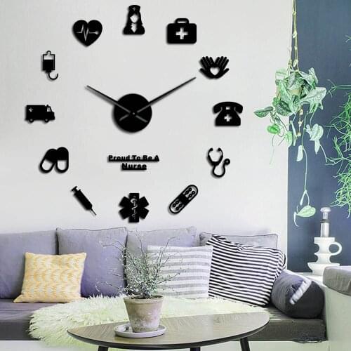 3D DIY Mute Mirror Effect Wall Clock Proud To Be A Nurse Drugstore Hospital Wall Art Decor Clock Watch Gift For Doctor & Nurse