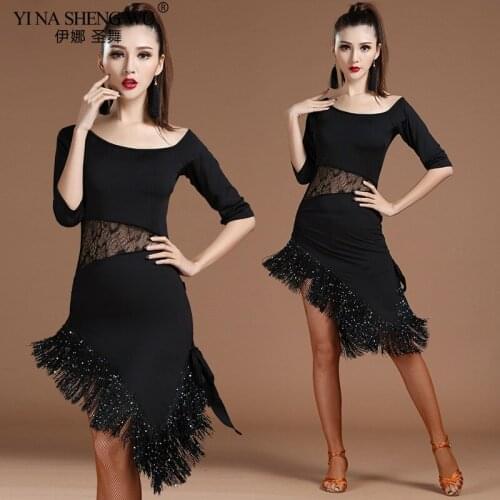 New Sexy Silm Women Dance Wear Ballroom Dress Samba Costume Party Dresses Sheer Stretchy Fringes Latin One-piece Dress