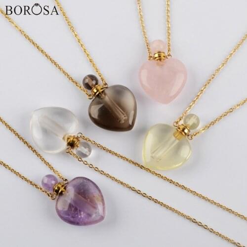 BOROSA Natural Amethysts Necklace Heart Shape Perfume Bottle Necklace 26 Inch Women Essential Oil Diffuser Necklace WX1327-N