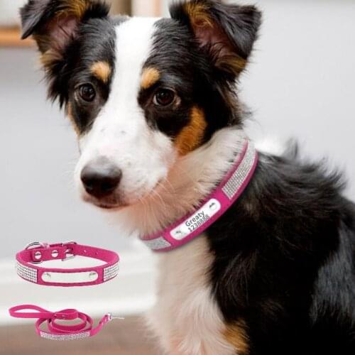 Personalized Dog Collar Leash Set Free Engraving Bling Rhinestone Adjustable Soft Suede Leather Small Medium Dog Pet Accessories