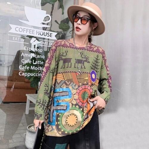 21809 Vintage Style Autumn print Bronzing Patchwork Denim Letter Full Sleeve Knitted Pullover Elegant Fashion Casual Sweater