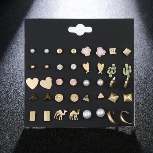 Vintage 20Pairs Animal Heart Ball Round Stud Earrings Set Gold/Silver Color Metal Piercing Earring Costume Jewelry