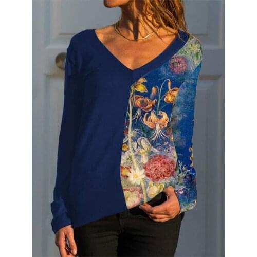 Women Fashion Loose Casual Floral print V neck long sleeve Color matching autumn tshirt tops blouses pullover Plus Size