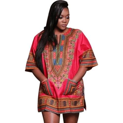 Vintage Africa Traditional Style Woman Long Shirts Riche Bazin Print Plus Size Dashiki Summer Casual V-neck Dress for Women