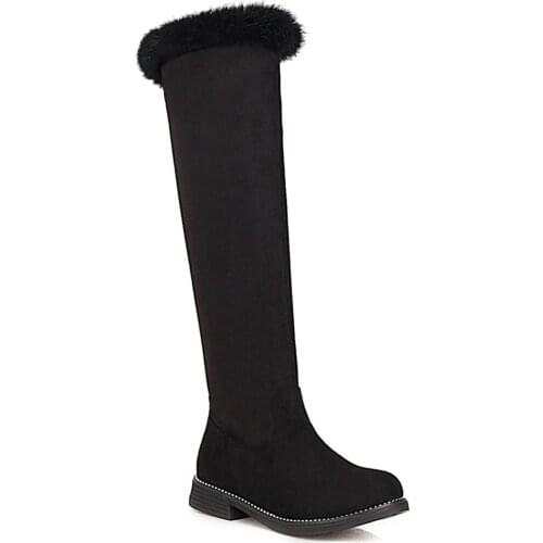 2020 Hot Style Rabbit Fur Womens Boots Cow Suede Round Toe Knee-Length Boots Nubuck Leather Warm Winter Womens Boots