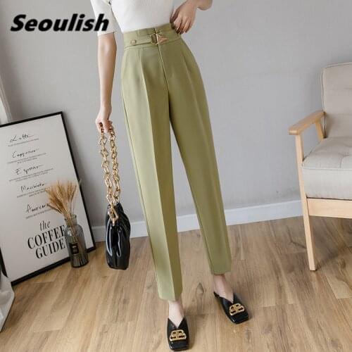 Seoulish 2021 New Button Formal Womens Harem Pants Spring Summer High Waist Female Workwear Elegant Ankle Length Trouses