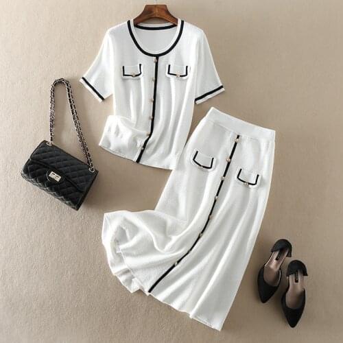 High Quality Sweater Sets 2021 Autumn Winter 2 Piece Knitted Set Women Button Deco Sweater+White Black Long Knitted Skirt Sets
