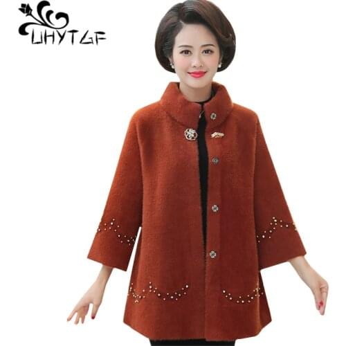 UHYTGF Quality Mink Cashmere winter sweater coat female fashion knit cardigan women Noble mother 5XL plus size sweater women 453