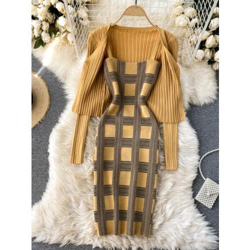 Women knit two piece set plaid print spaghetti strap bodycon mini dress and long sleeve knit cardigan suits womens clothing sets