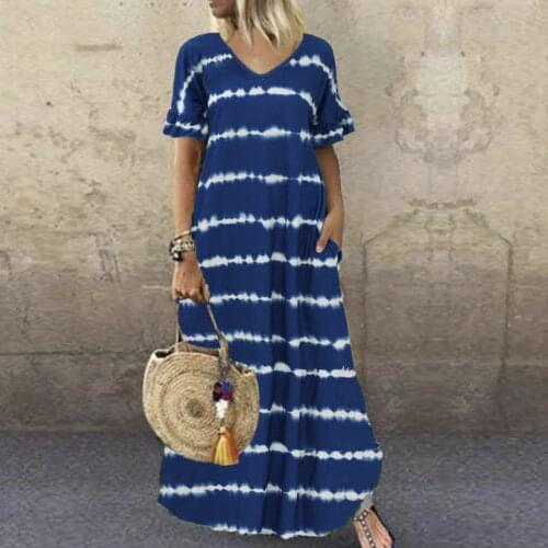 Summer Casual Loose Stripe Print Long Maxi Dress Womens Ladies Fashion Short Sleeve Asymmetric Hem Ankle-Length Straight Dress