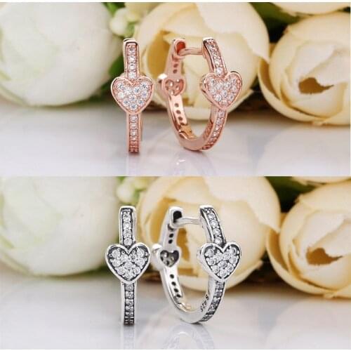 Free Shipping Authentic 925 Sterling Silver Pave Heart Hoop Earrings For Women DIY Jewelry Gift For Wife Mother Daughter S925