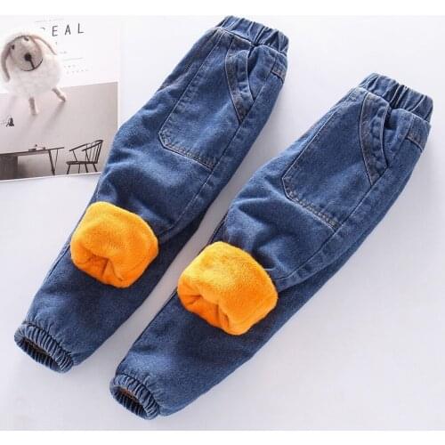 Girls Pants Winter Kids Jeans Casual Boys Pants Denim Thick Plus Velvet Kids Pants School Children Trousers 2 4 5 6 7 8 Years