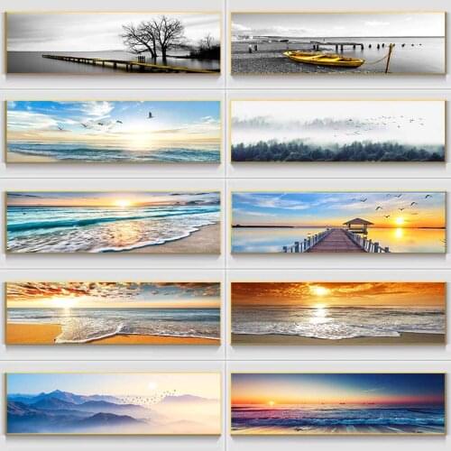 RELIABLI ART Modern Landscape Canvas Painting Sunrise Sea Golden Wooden Bridge Pictures for Living Room Home Wall Decor No Frame