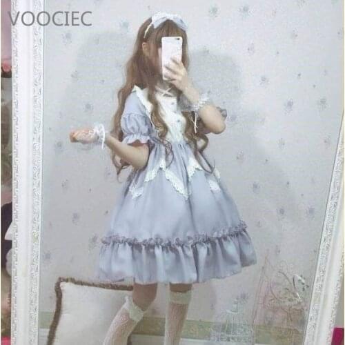 VOOCIEC Summer Japanese Lolita Vintage dress lolita dress female soft girl wind cute fungus lace dress short sleeve dress cute