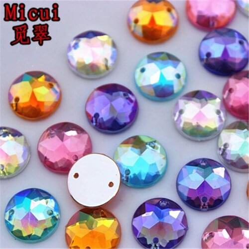 Micui 100PCS 12mm AB Round Acrylic Rhinestones Crystal Flat Back Beads Sew On 2 Holes Stones For Clothing Craft Decoration ZZ327