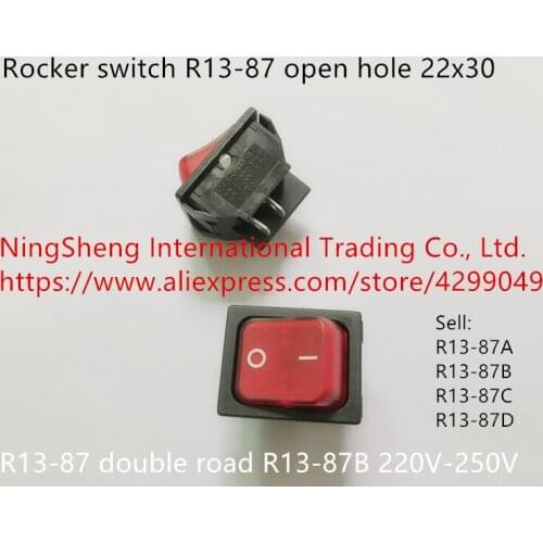 Original new 100% import light rocker switch R13-87 open hole 22x30 double road R13-87B red 220V